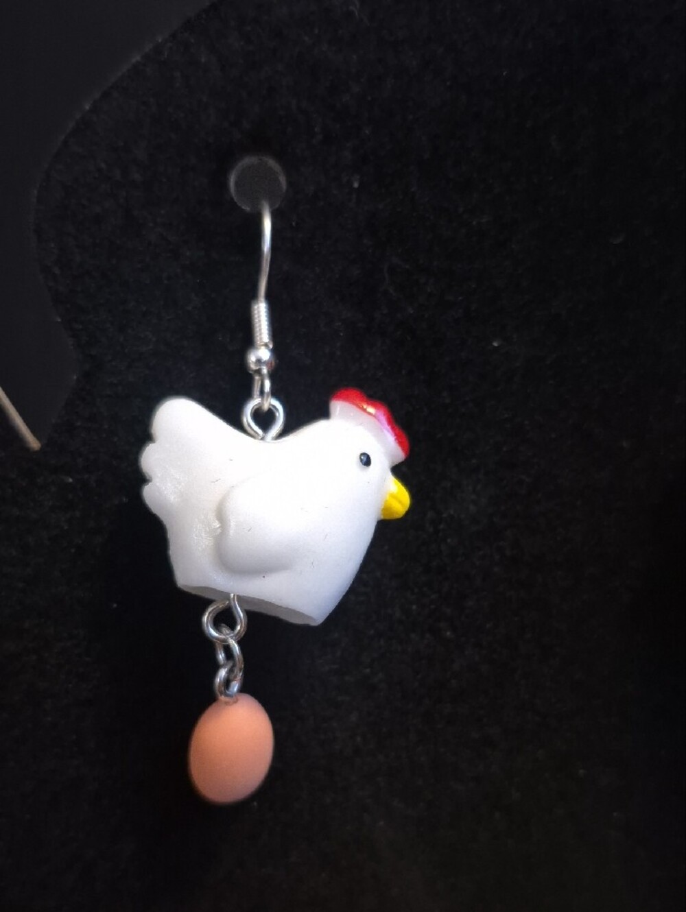 Cute Handcrafted Kitschy White Chicken Dangle Earrings with Brown Egg Charms - Picture 2 of 4